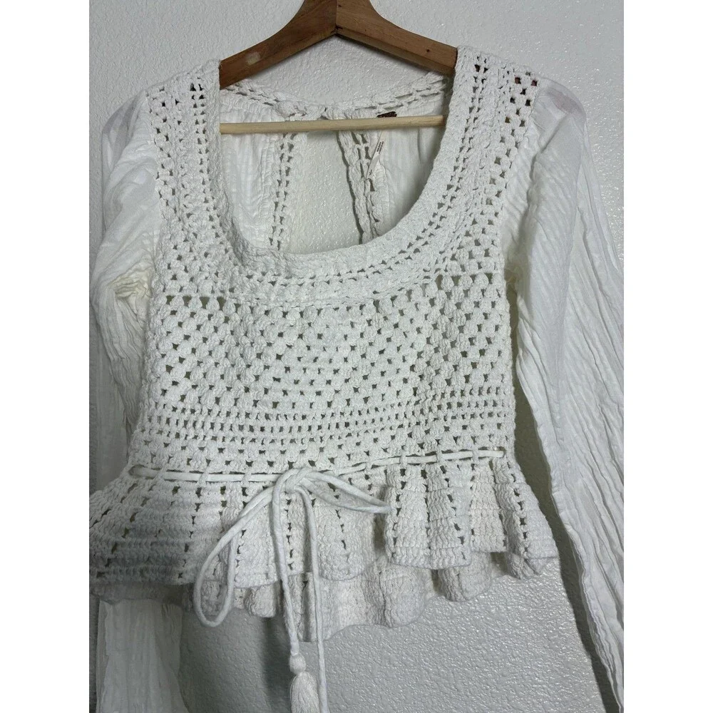 Free People Megan Crochet Top Womens Small White Cropped Bell Sleeve Boho Top